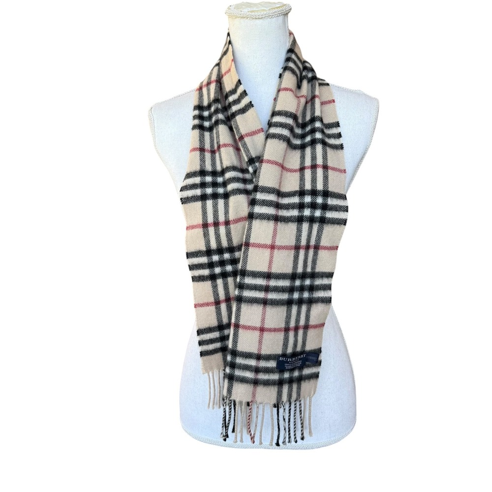 Burberry London Cashmere Scarf Nova Check Beige Tan Made in England Fringe Wrap